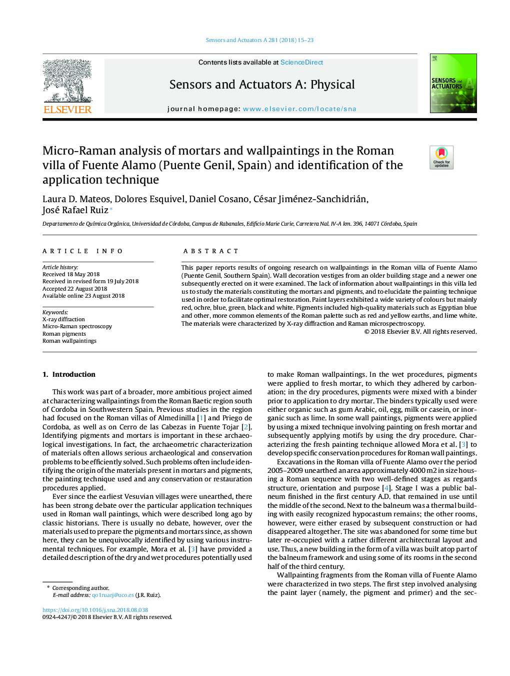 Micro-Raman analysis of mortars and wallpaintings in the Roman villa of Fuente Alamo (Puente Genil, Spain) and identification of the application technique