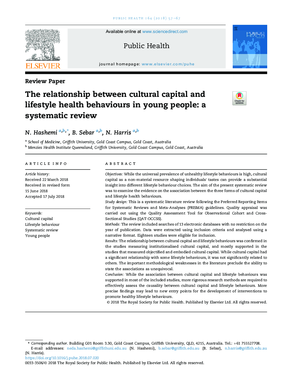 رابطه بین سرمایه های فرهنگی و رفتارهای بهداشتی شیوه زندگی در جوانان: بررسی سیستماتیک
