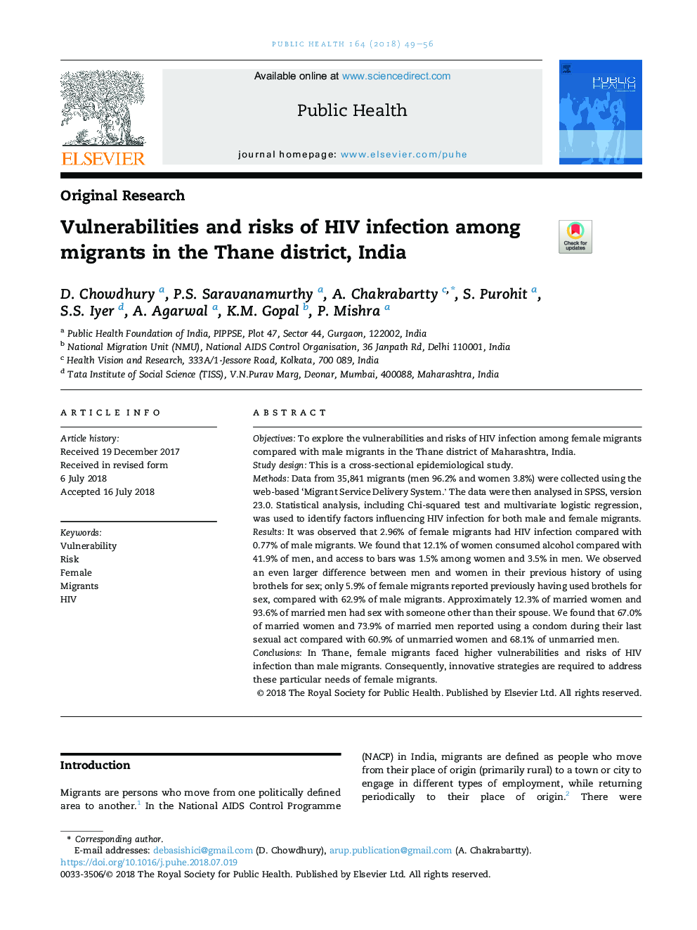 Vulnerabilities and risks of HIV infection among migrants in the Thane district, India