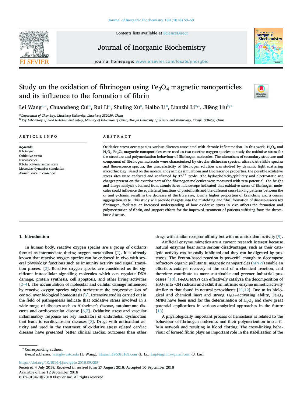 Study on the oxidation of fibrinogen using Fe3O4 magnetic nanoparticles and its influence to the formation of fibrin