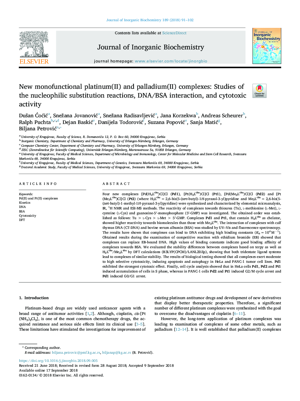 New monofunctional platinum(II) and palladium(II) complexes: Studies of the nucleophilic substitution reactions, DNA/BSA interaction, and cytotoxic activity