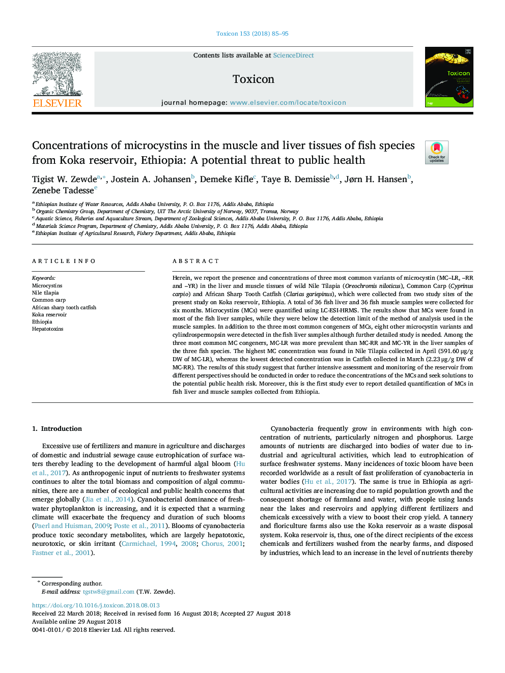 Concentrations of microcystins in the muscle and liver tissues of fish species from Koka reservoir, Ethiopia: A potential threat to public health