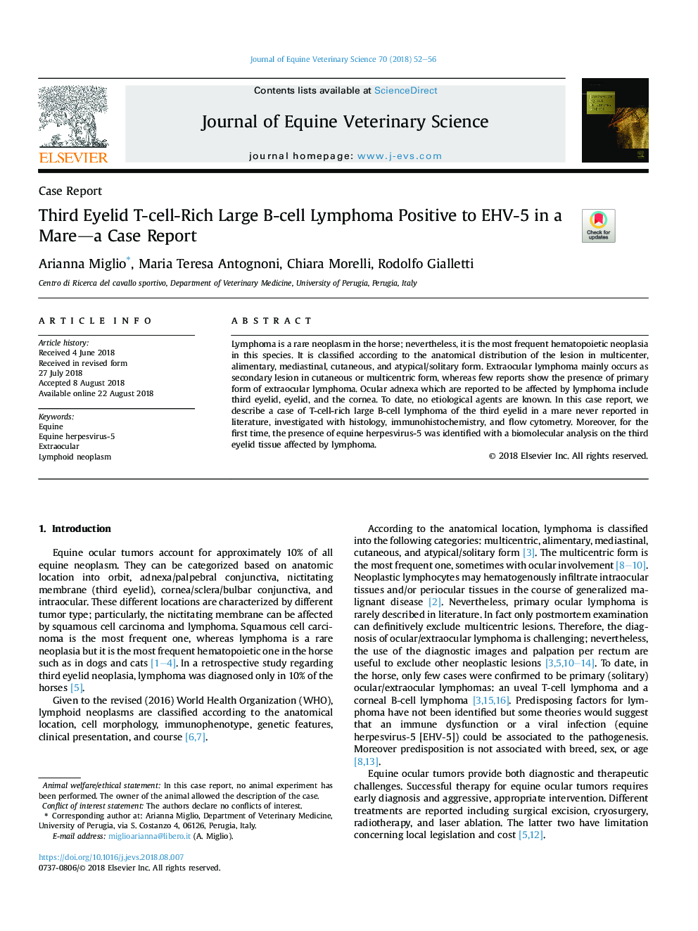 Third Eyelid T-cell-Rich Large B-cell Lymphoma Positive to EHV-5 in a Mare-a Case Report