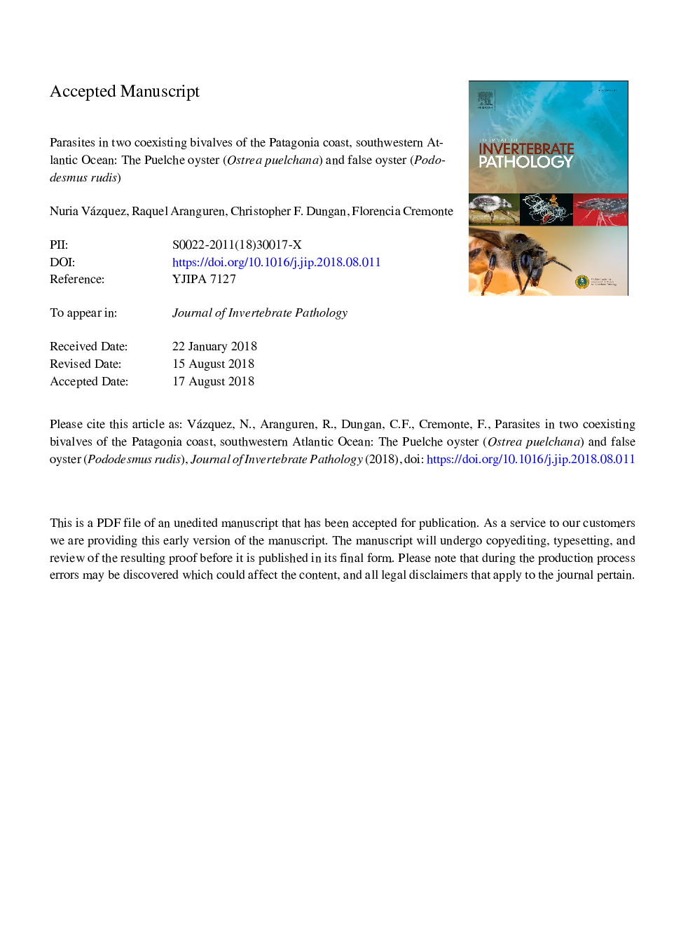 Parasites in two coexisting bivalves of the Patagonia coast, southwestern Atlantic Ocean: The Puelche oyster (Ostrea puelchana) and false oyster (Pododesmus rudis)