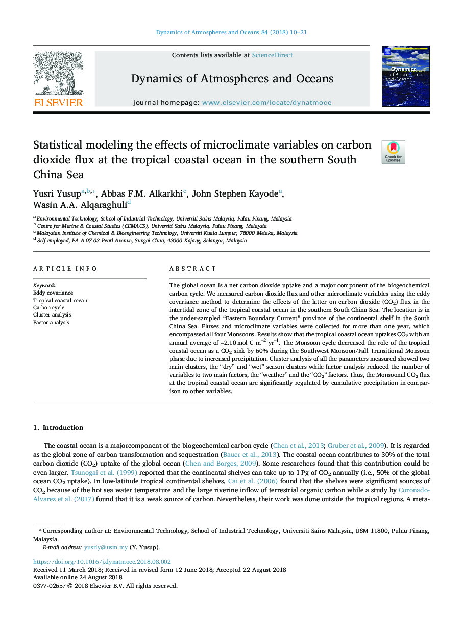 مدلسازی آماری اثرات متغیرهای میکرومتری بر روی جریان دی اکسید کربن در اقیانوس ساحلی گرمسیری در جنوب دریای جنوبی چین