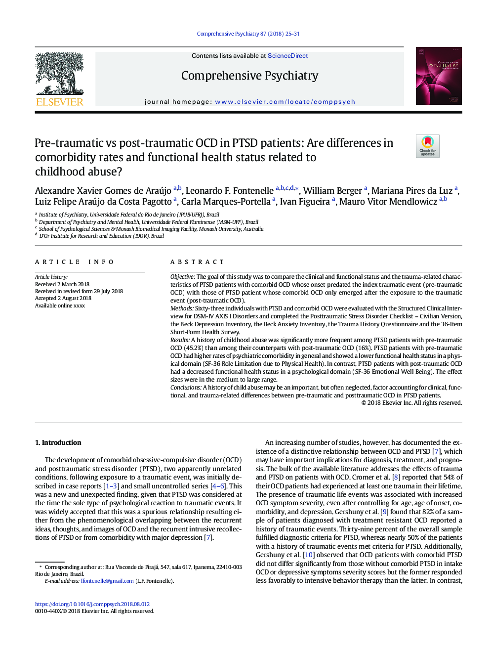 Pre-traumatic vs post-traumatic OCD in PTSD patients: Are differences in comorbidity rates and functional health status related to childhood abuse?