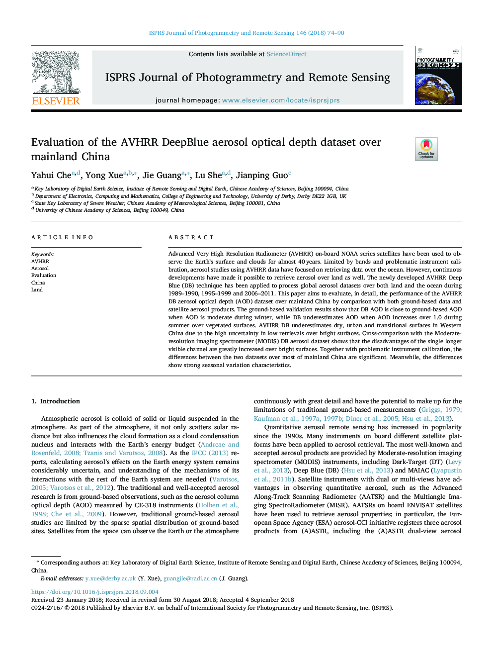 Evaluation of the AVHRR DeepBlue aerosol optical depth dataset over mainland China
