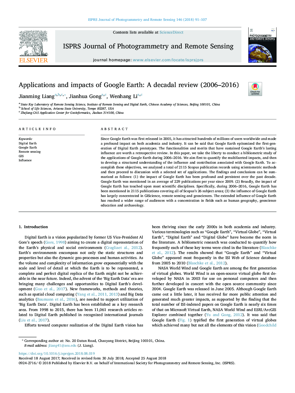 Applications and impacts of Google Earth: A decadal review (2006-2016)