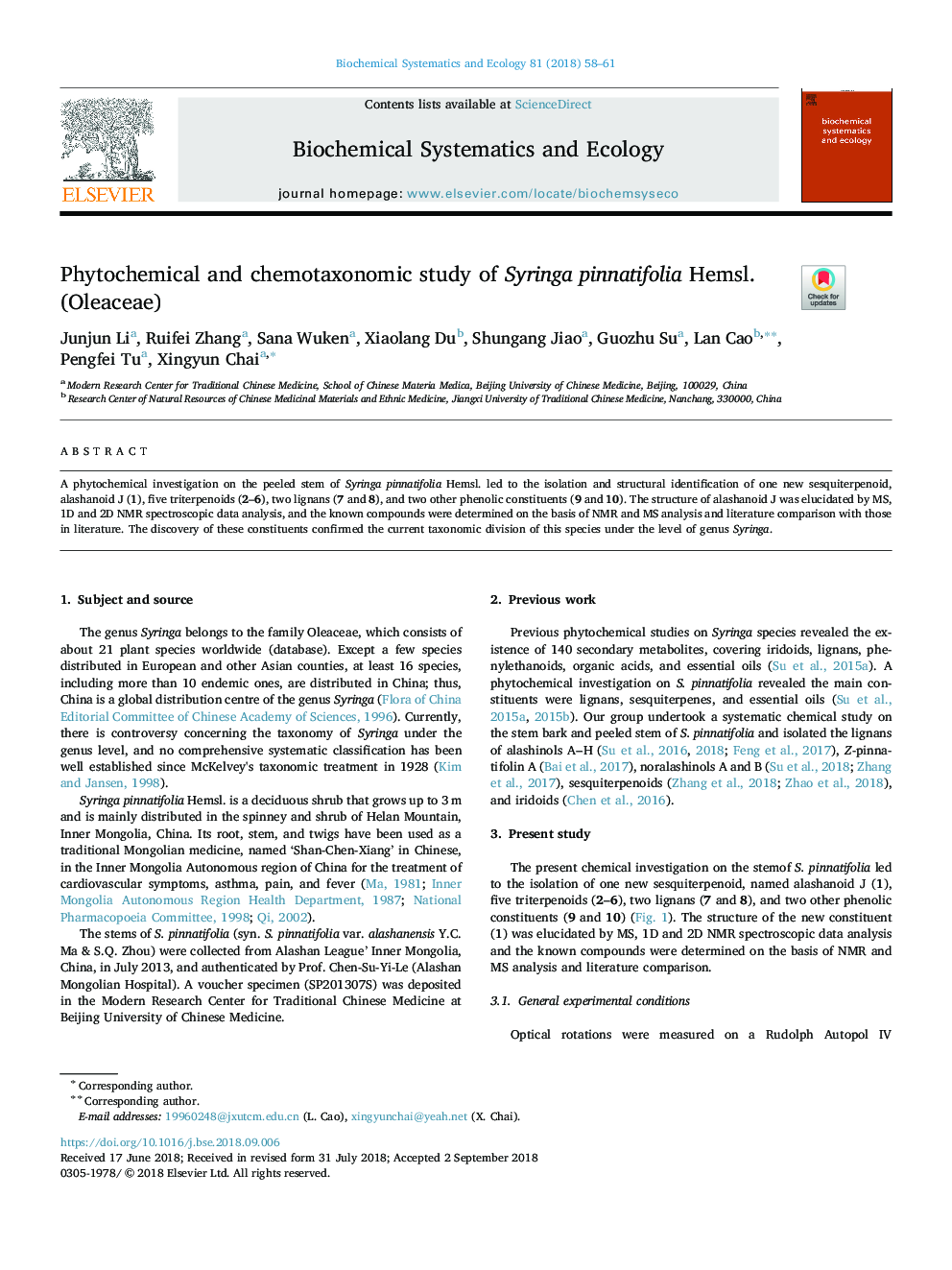 Phytochemical and chemotaxonomic study of Syringa pinnatifolia Hemsl. (Oleaceae)