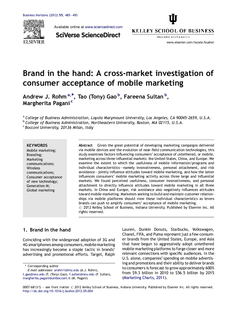 نام تجاری در دست: یک تحقیق متقابل در بازار از پذیرش بازاریابی تلفن همراه (موبایل) توسط مصرف کننده