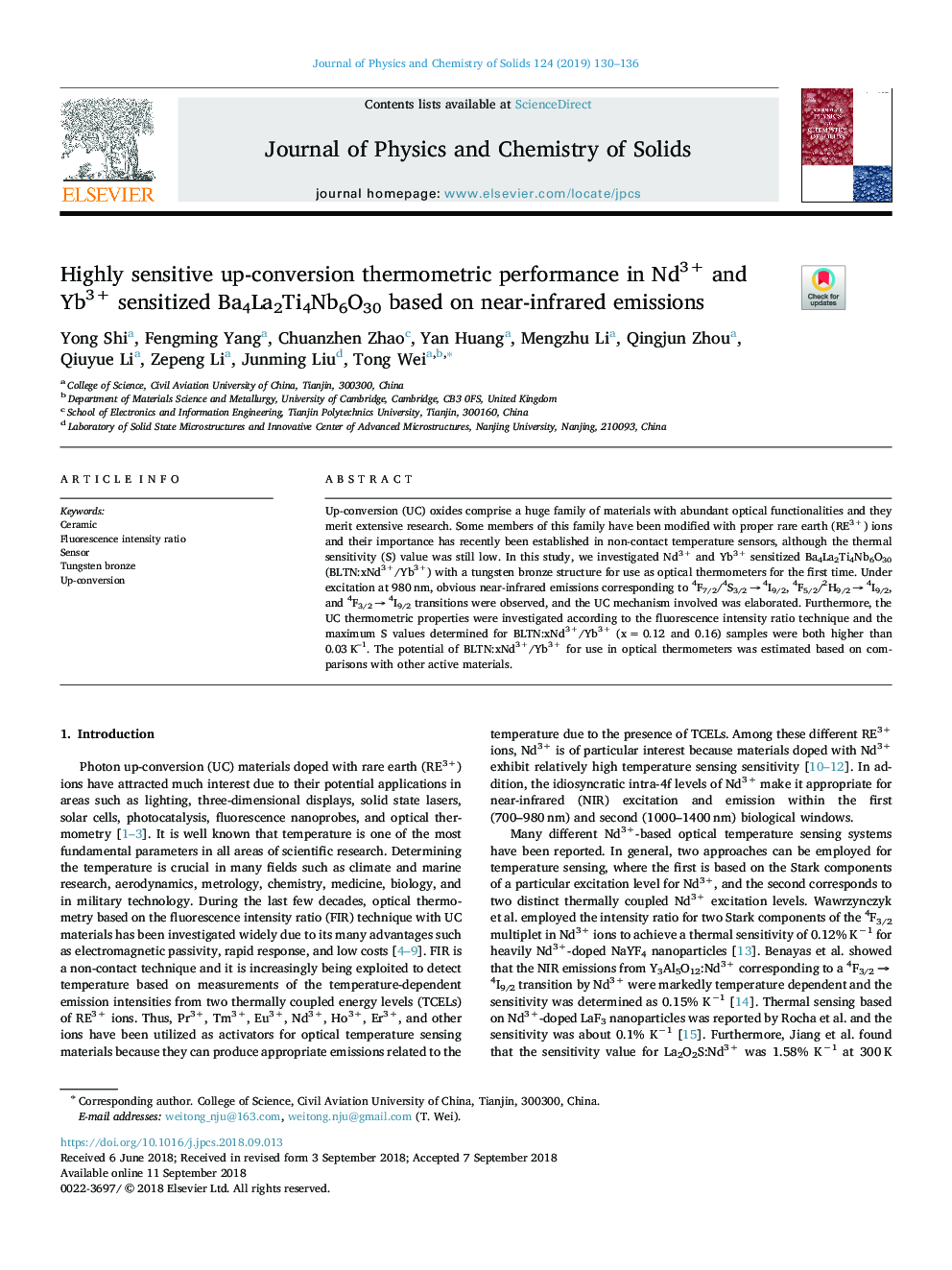 Highly sensitive up-conversion thermometric performance in Nd3+ and Yb3+ sensitized Ba4La2Ti4Nb6O30 based on near-infrared emissions