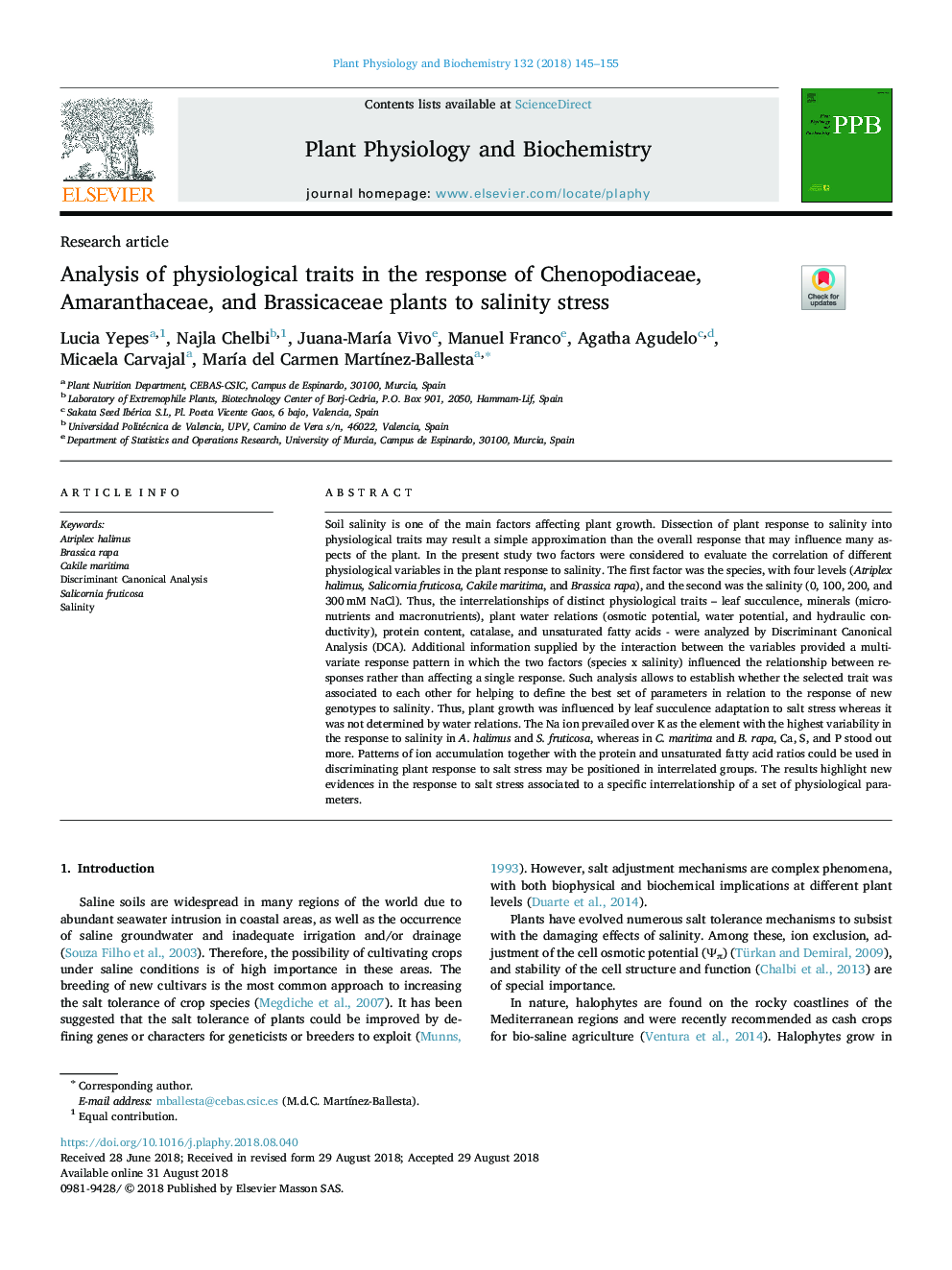 Analysis of physiological traits in the response of Chenopodiaceae, Amaranthaceae, and Brassicaceae plants to salinity stress