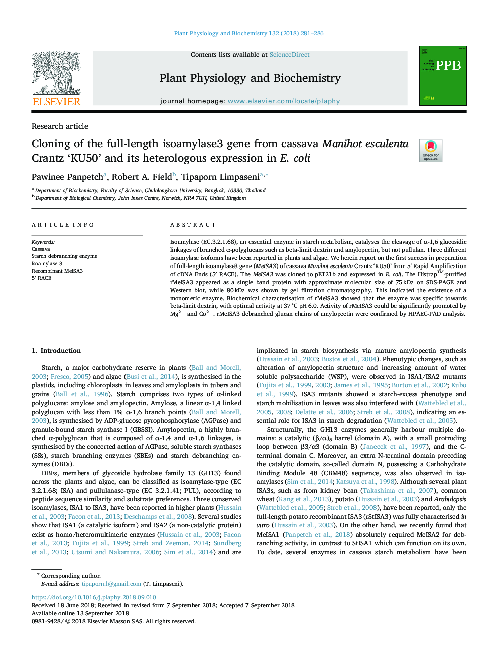 Cloning of the full-length isoamylase3 gene from cassava Manihot esculenta Crantz 'KU50' and its heterologous expression in E. coli