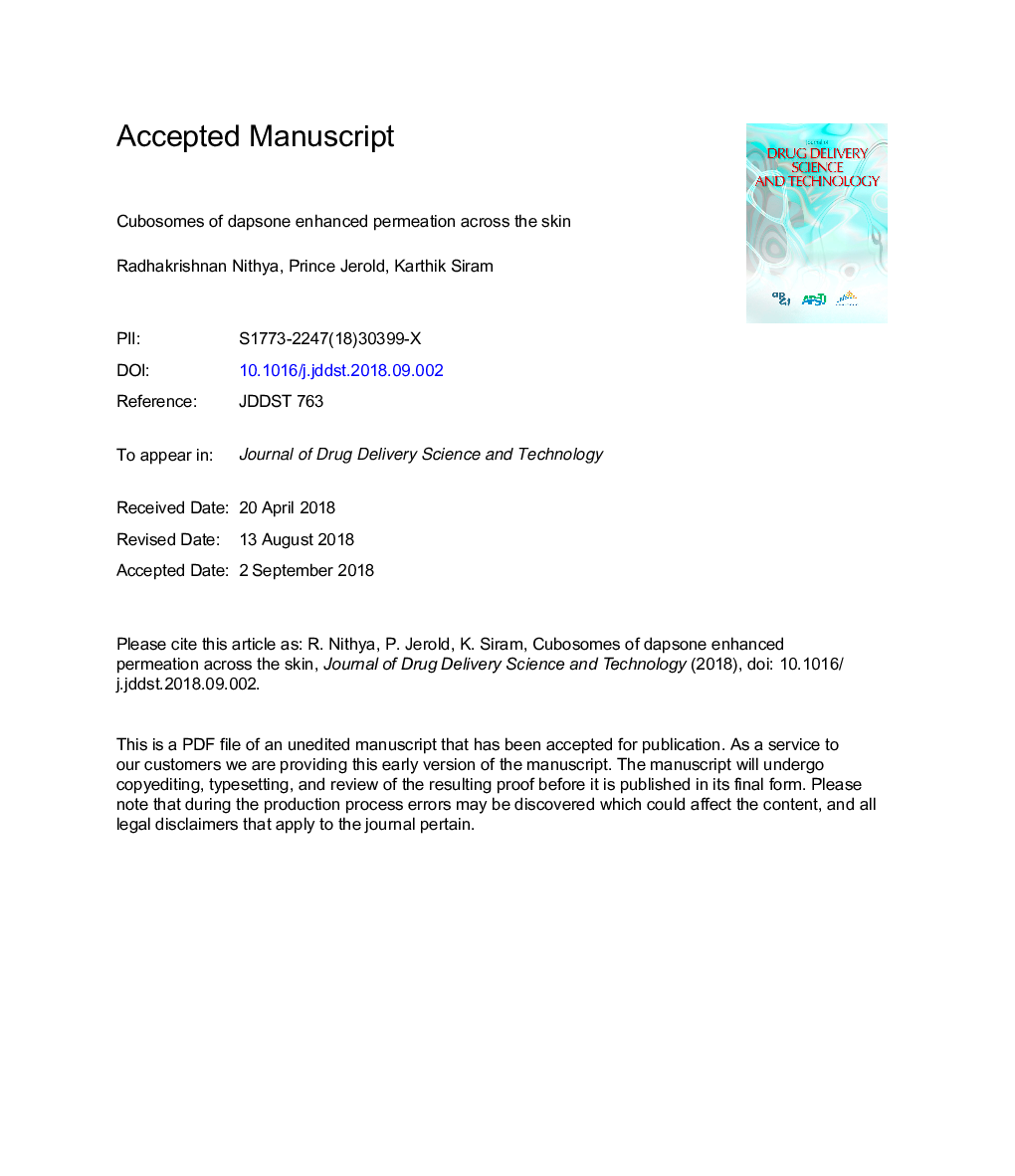 Cubosomes of dapsone enhanced permeation across the skin