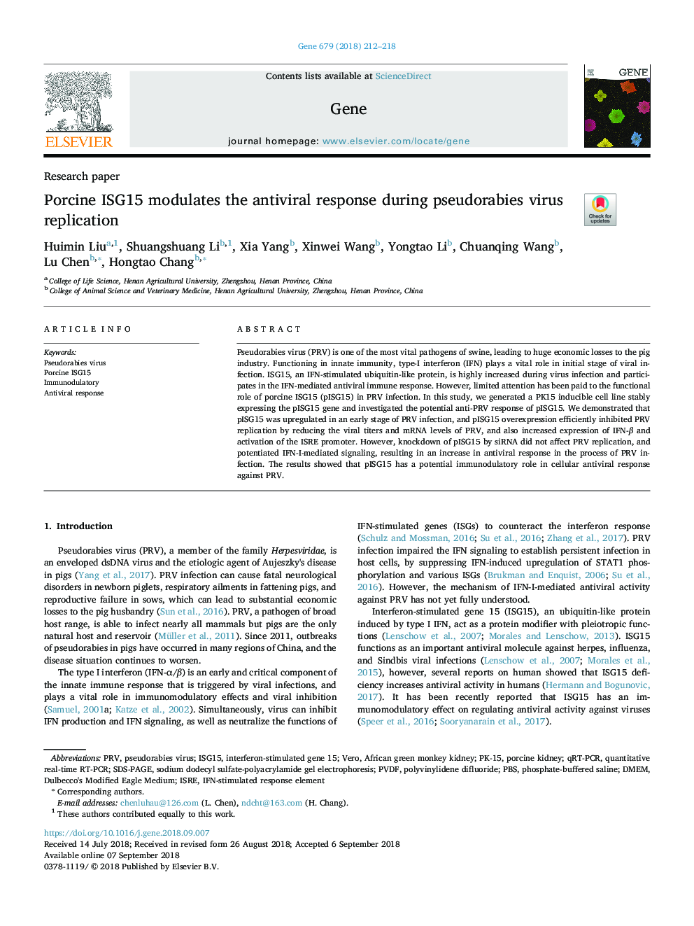 Porcine ISG15 modulates the antiviral response during pseudorabies virus replication