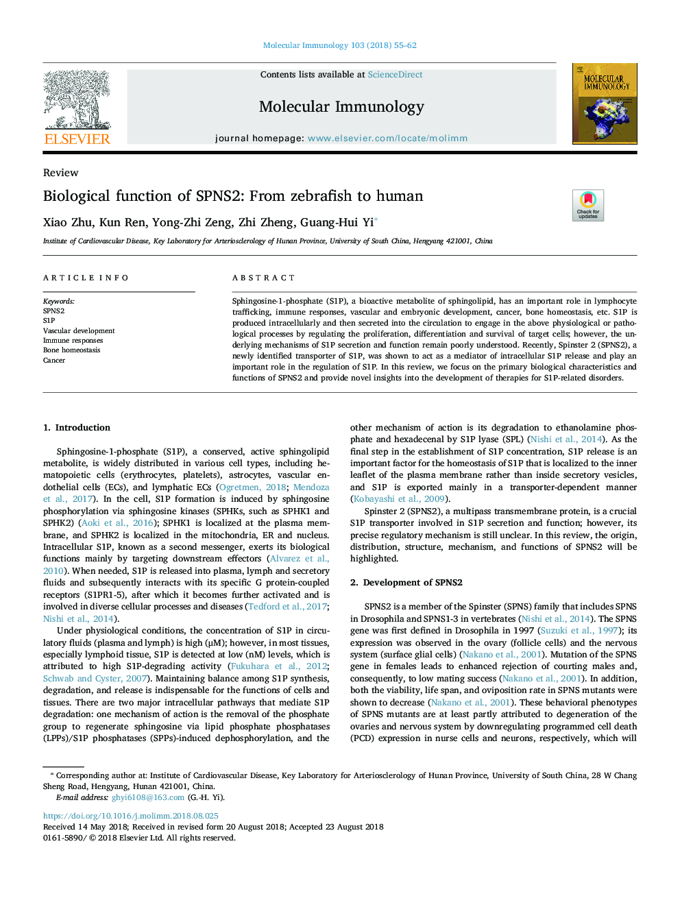 Biological function of SPNS2: From zebrafish to human