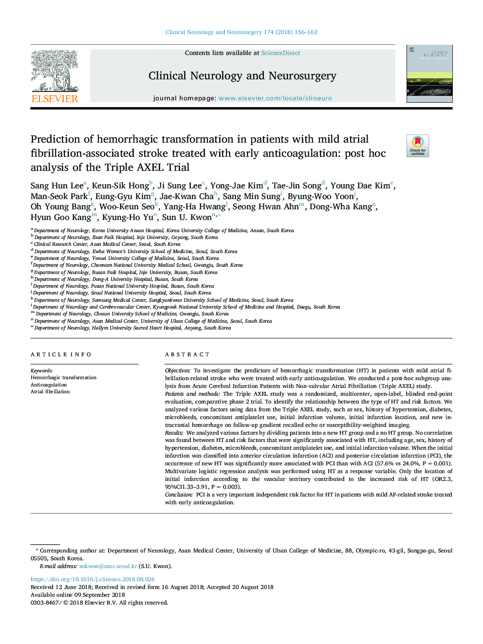 Prediction of hemorrhagic transformation in patients with mild atrial fibrillation-associated stroke treated with early anticoagulation: post hoc analysis of the Triple AXEL Trial