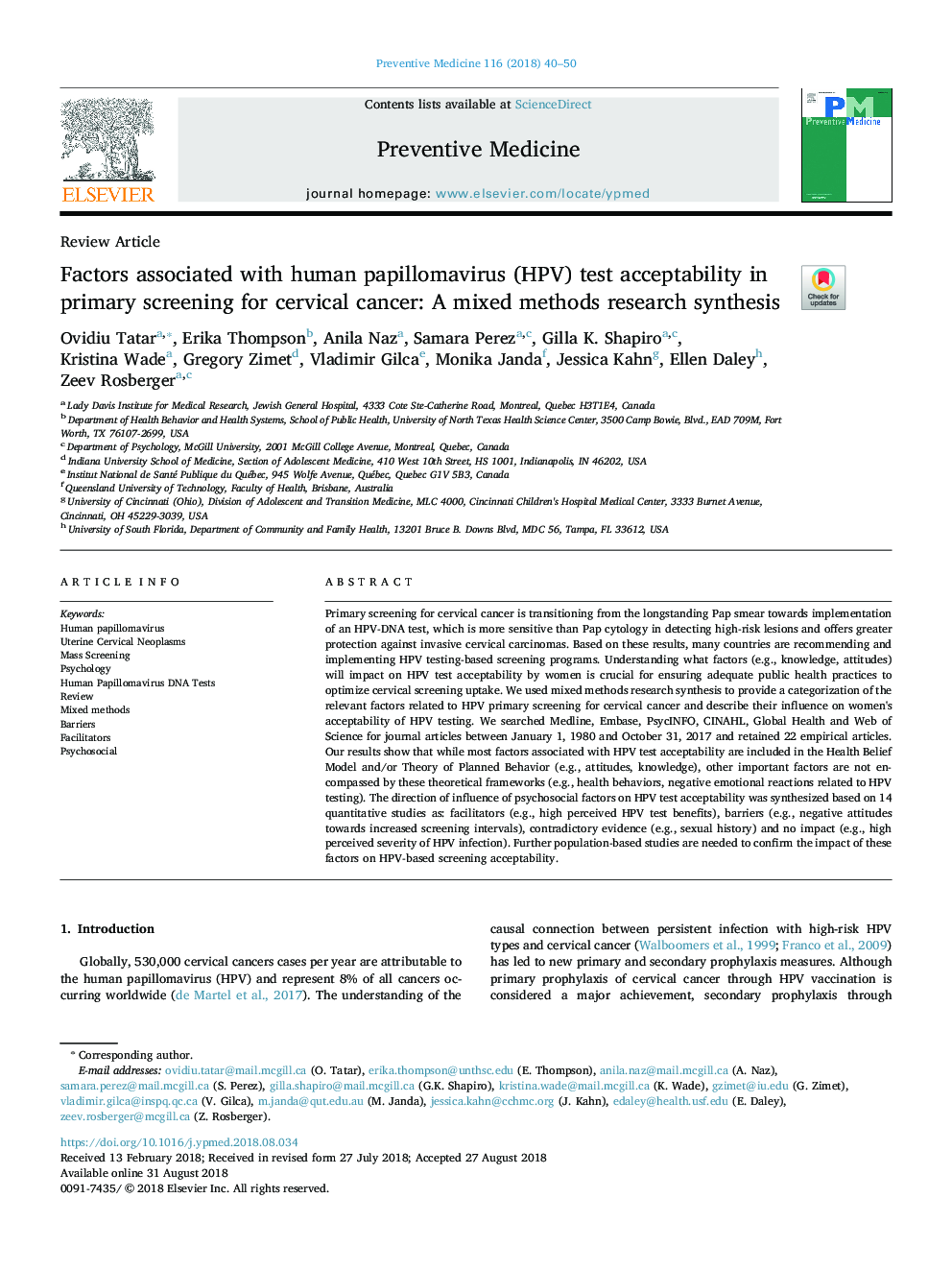 Factors associated with human papillomavirus (HPV) test acceptability in primary screening for cervical cancer: A mixed methods research synthesis