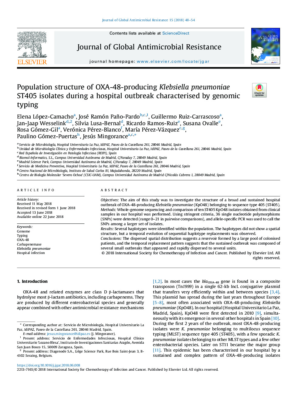 Population structure of OXA-48-producing Klebsiella pneumoniae ST405 isolates during a hospital outbreak characterised by genomic typing