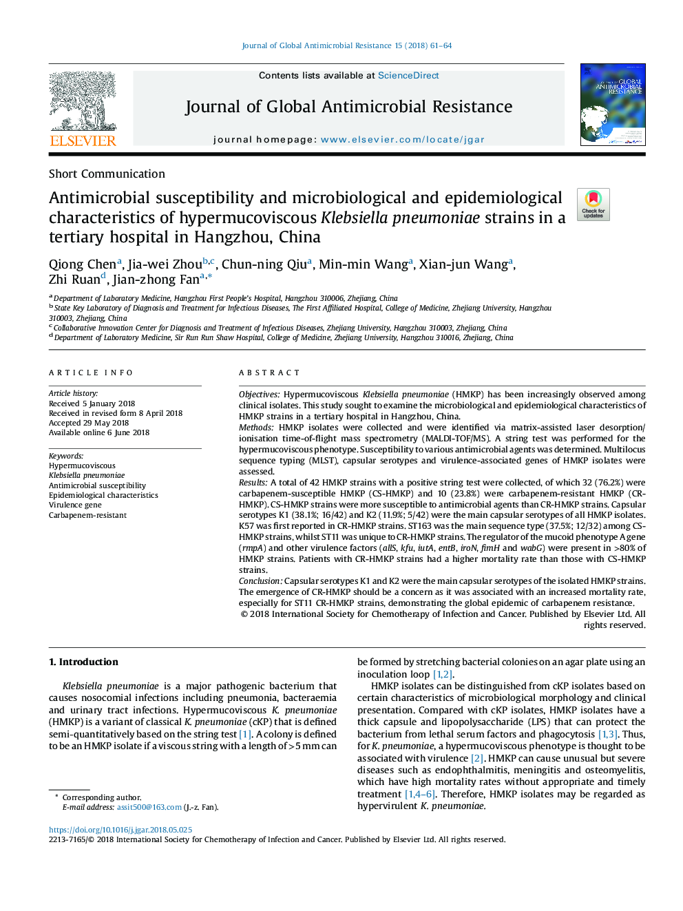 Antimicrobial susceptibility and microbiological and epidemiological characteristics of hypermucoviscous Klebsiella pneumoniae strains in a tertiary hospital in Hangzhou, China