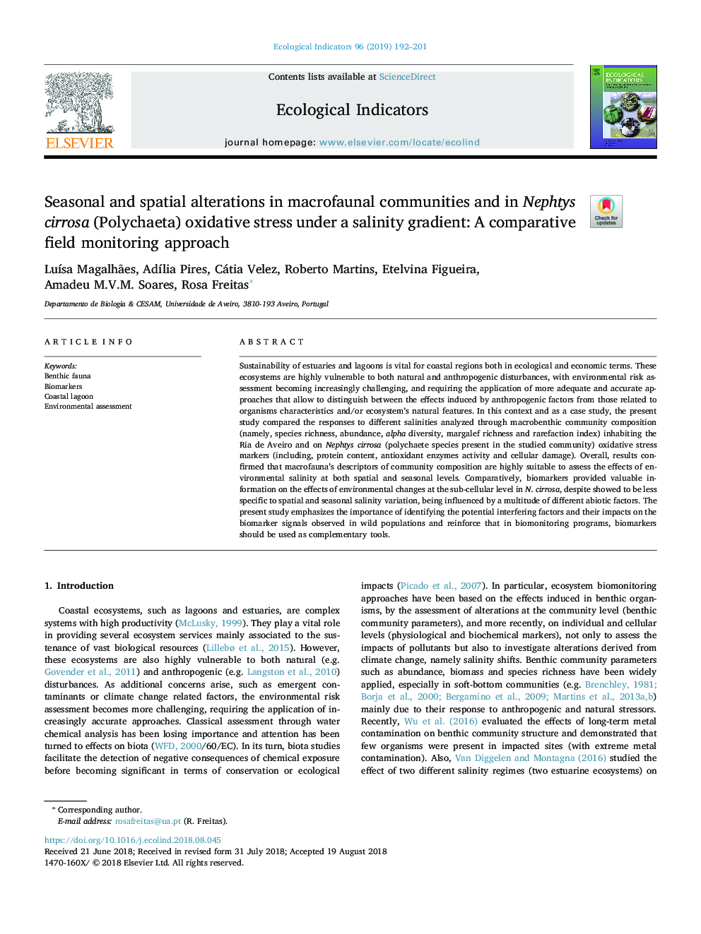 Seasonal and spatial alterations in macrofaunal communities and in Nephtys cirrosa (Polychaeta) oxidative stress under a salinity gradient: A comparative field monitoring approach
