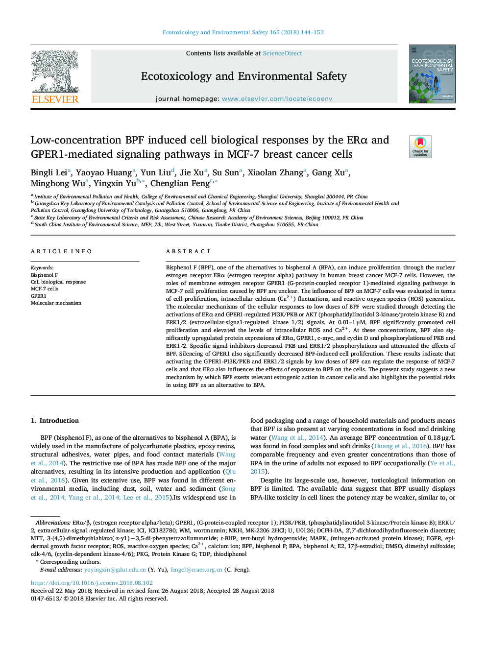 Low-concentration BPF induced cell biological responses by the ERÎ± and GPER1-mediated signaling pathways in MCF-7 breast cancer cells