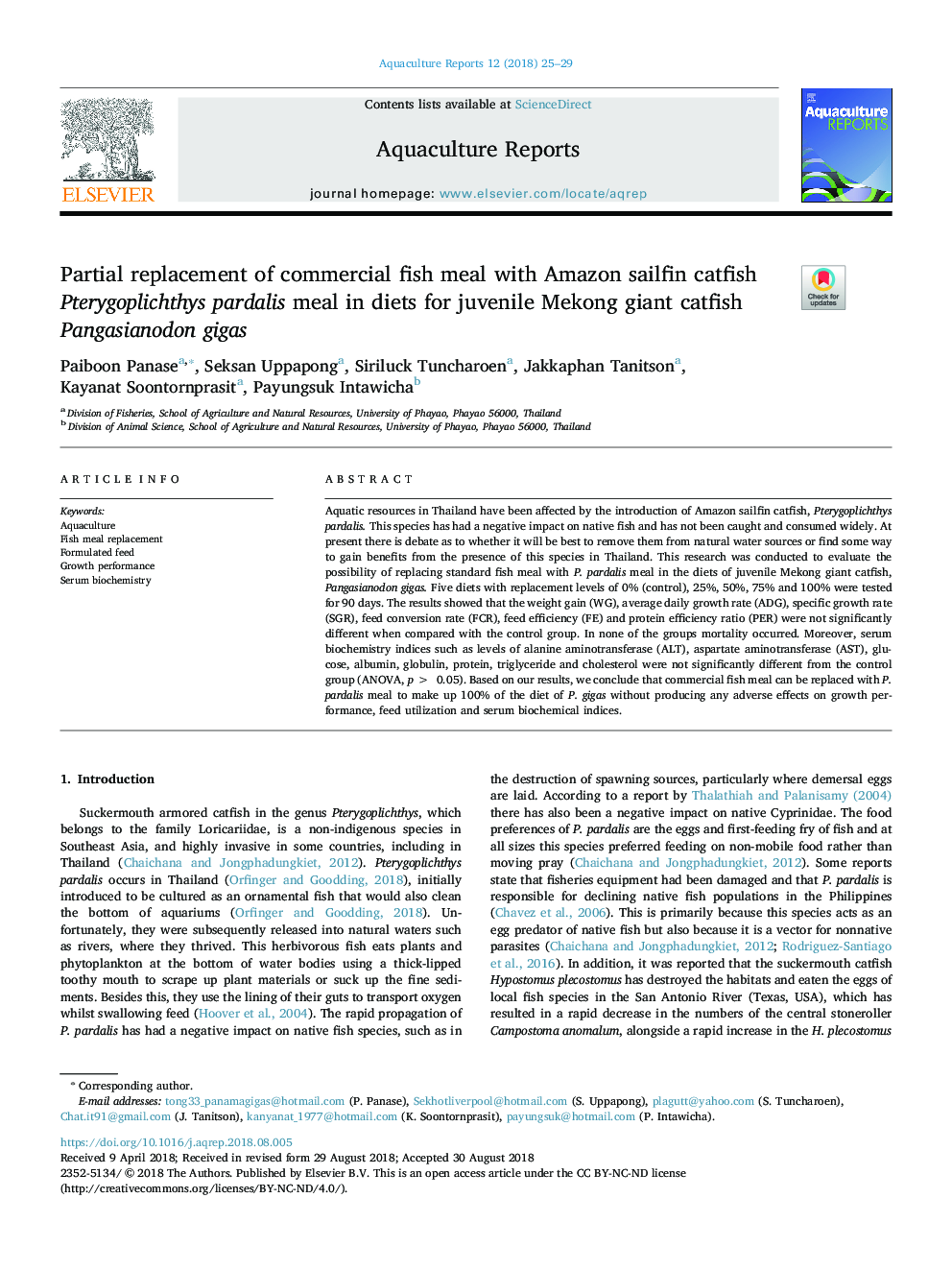 Partial replacement of commercial fish meal with Amazon sailfin catfish Pterygoplichthys pardalis meal in diets for juvenile Mekong giant catfish Pangasianodon gigas