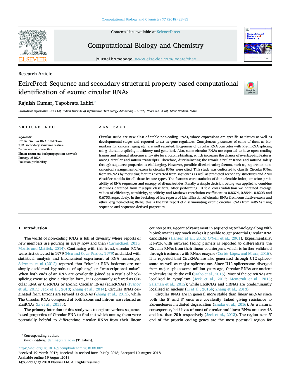 EcircPred: Sequence and secondary structural property based computational identification of exonic circular RNAs