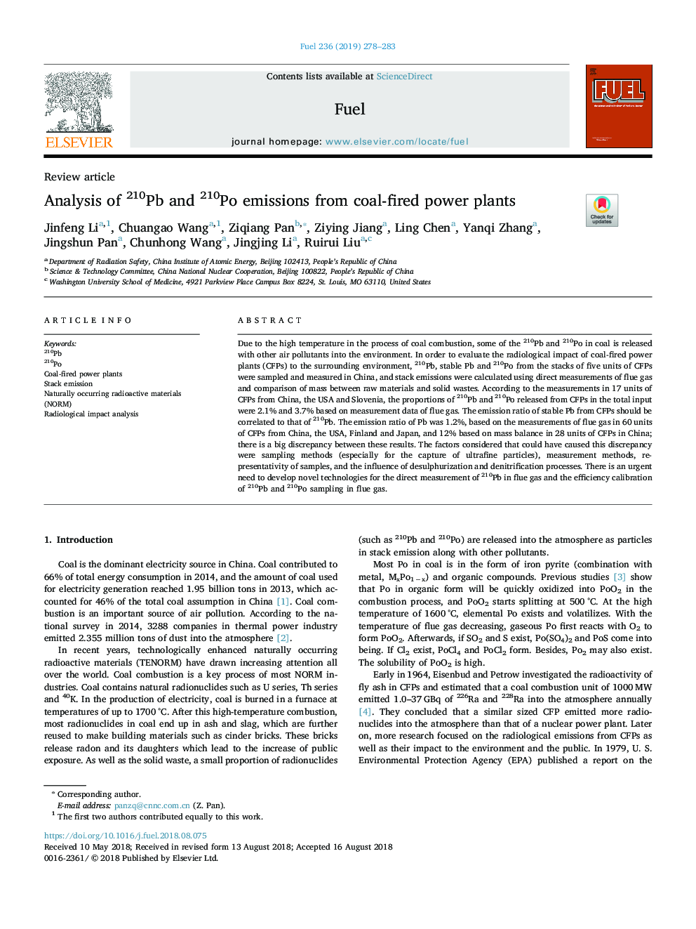 Analysis of 210Pb and 210Po emissions from coal-fired power plants
