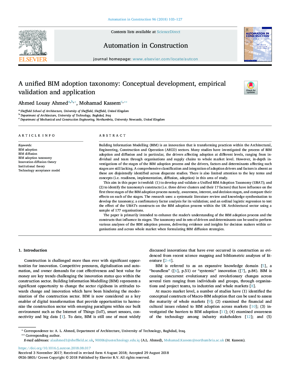 A unified BIM adoption taxonomy: Conceptual development, empirical validation and application