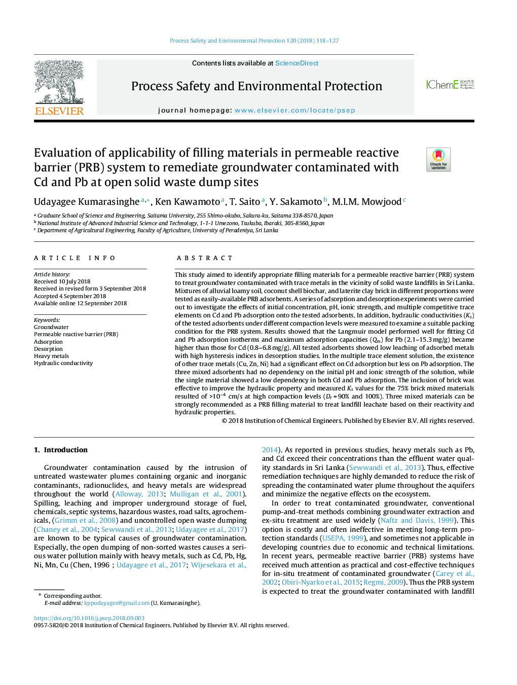 Evaluation of applicability of filling materials in permeable reactive barrier (PRB) system to remediate groundwater contaminated with Cd and Pb at open solid waste dump sites