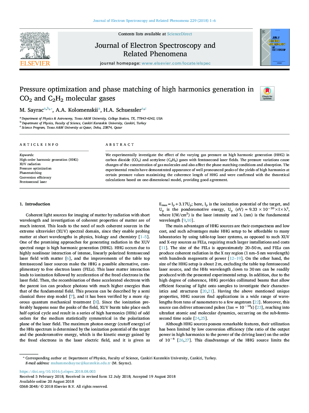 Pressure optimization and phase matching of high harmonics generation in CO2 and C2H2 molecular gases