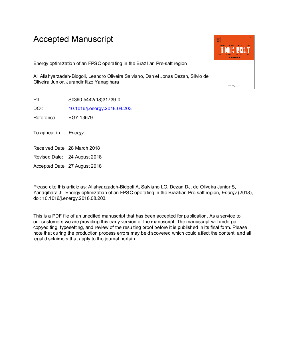 Energy optimization of an FPSO operating in the Brazilian Pre-salt region