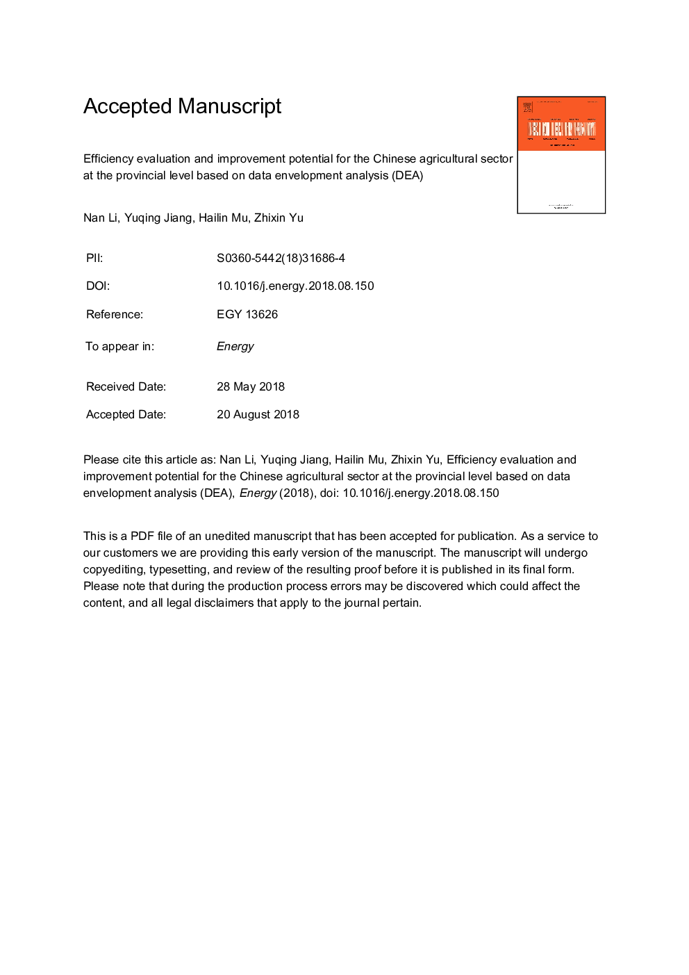 Efficiency evaluation and improvement potential for the Chinese agricultural sector at the provincial level based on data envelopment analysis (DEA)