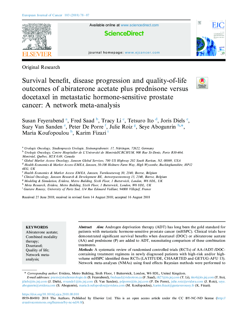 Survival benefit, disease progression and quality-of-life outcomes of abiraterone acetate plus prednisone versus docetaxel in metastatic hormone-sensitive prostate cancer: A network meta-analysis