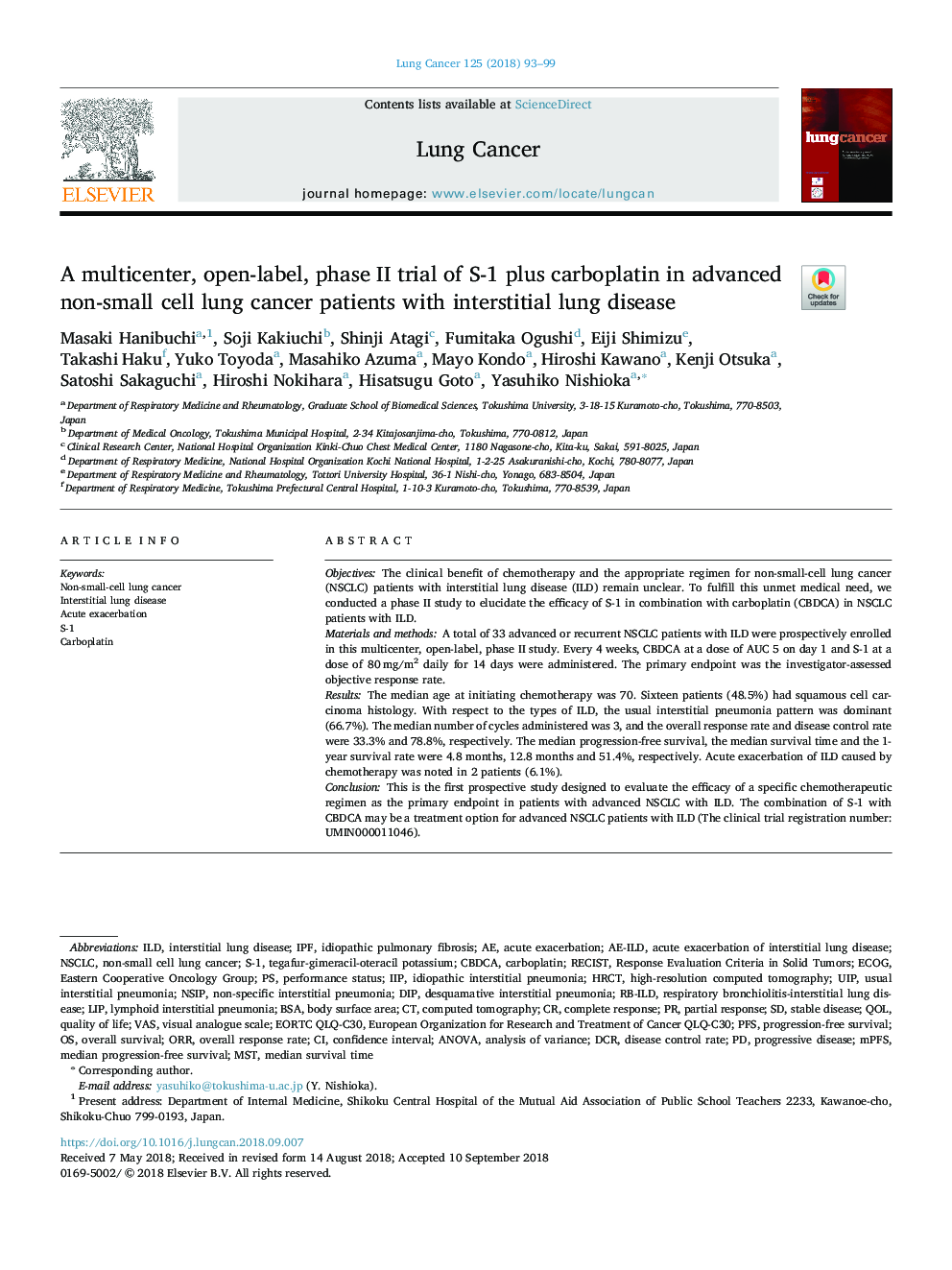 A multicenter, open-label, phase II trial of S-1 plus carboplatin in advanced non-small cell lung cancer patients with interstitial lung disease