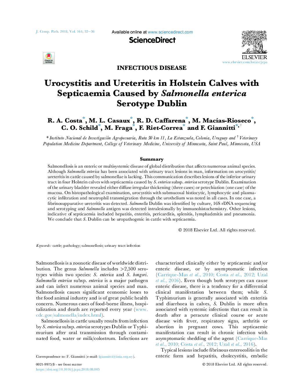 Urocystitis and Ureteritis in Holstein Calves with Septicaemia Caused by Salmonella enterica Serotype Dublin