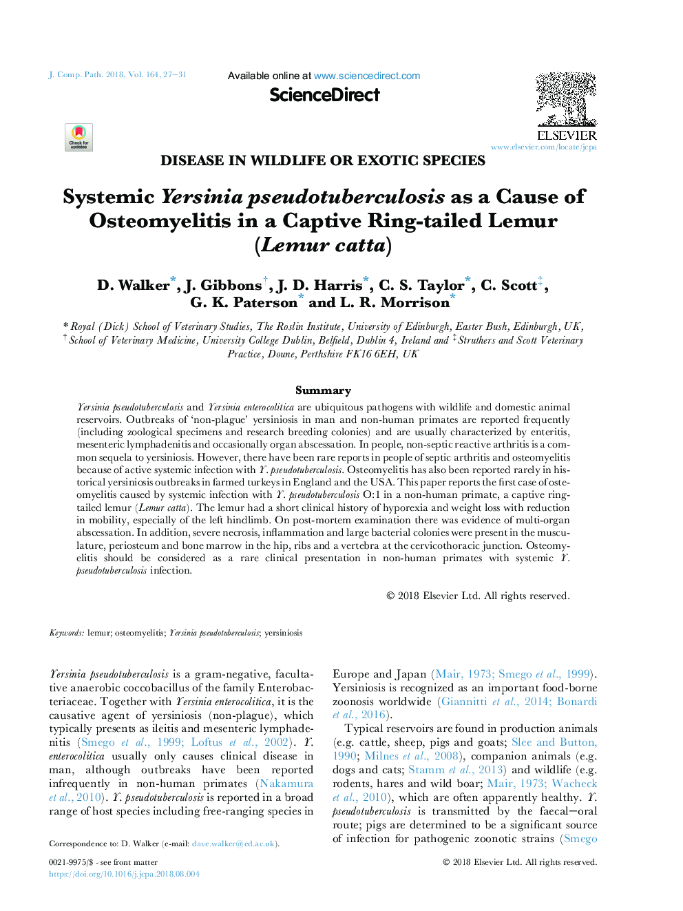 Systemic Yersinia pseudotuberculosis as a Cause of Osteomyelitis in a Captive Ring-tailed Lemur (Lemur catta)
