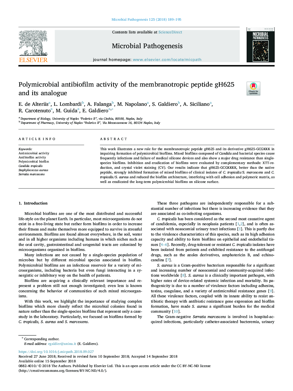 Polymicrobial antibiofilm activity of the membranotropic peptide gH625 and its analogue