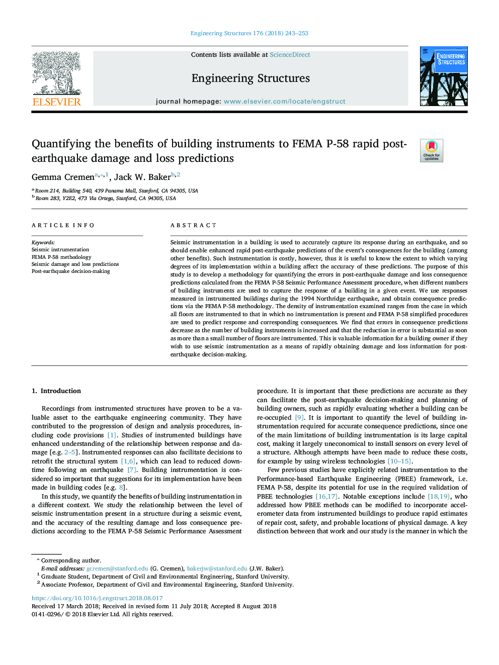 Quantifying the benefits of building instruments to FEMA P-58 rapid post-earthquake damage and loss predictions