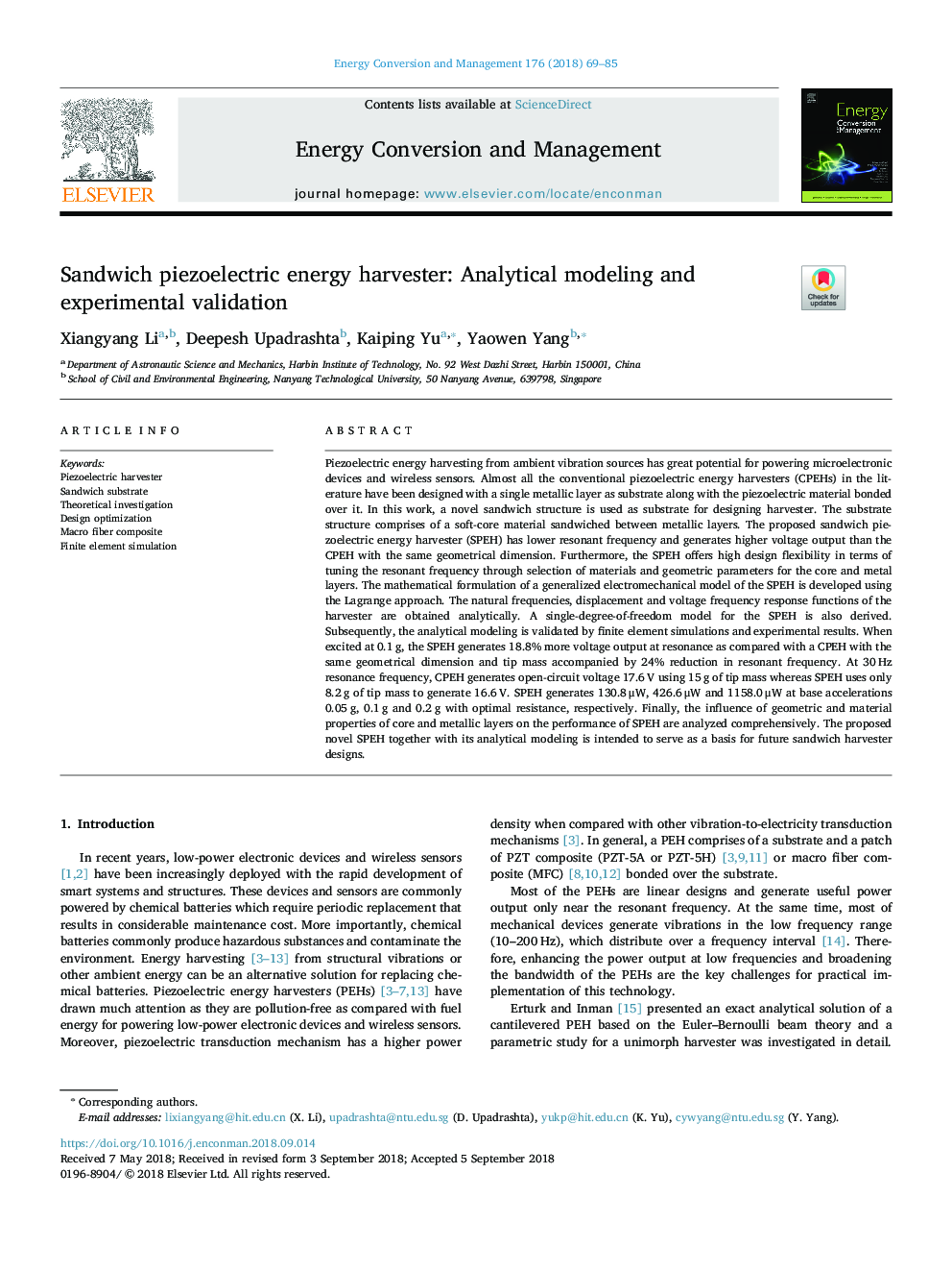 ارزیاب انرژی پیزوالکتریک ساندویچ: مدلسازی تحلیلی و اعتبار سنجی آزمایشی