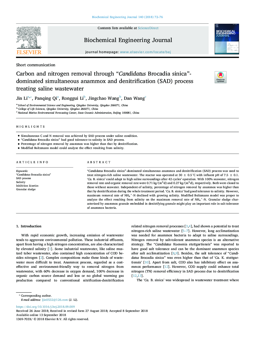 Carbon and nitrogen removal through “Candidatus Brocadia sinica”-dominated simultaneous anammox and denitrification (SAD) process treating saline wastewater
