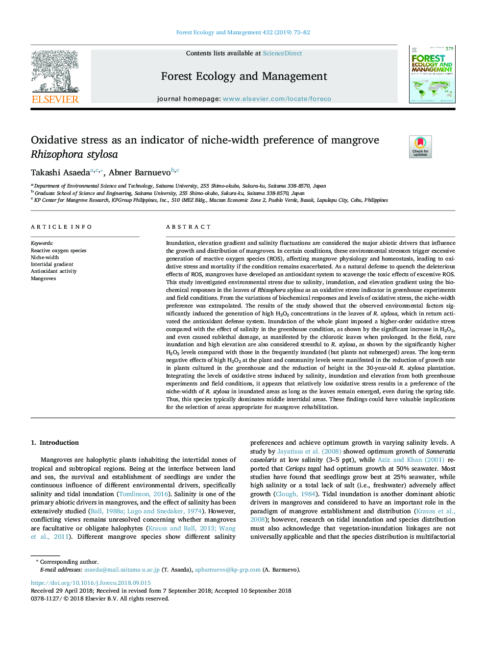 Oxidative stress as an indicator of niche-width preference of mangrove Rhizophora stylosa