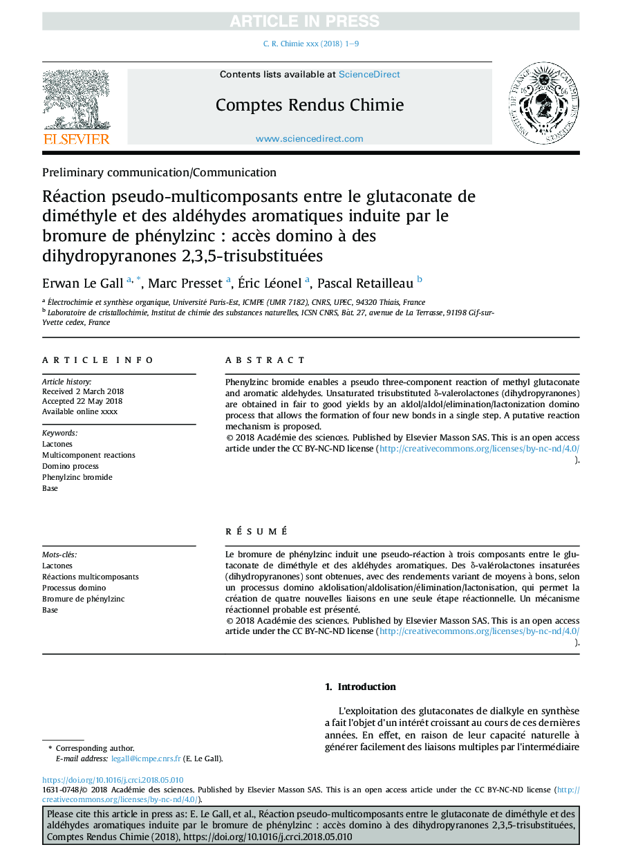 Réaction pseudo-multicomposants entre le glutaconate de diméthyle et des aldéhydes aromatiques induite par le bromure de phénylzinc : accÃ¨s domino Ã  des dihydropyranones 2,3,5-trisubstituées