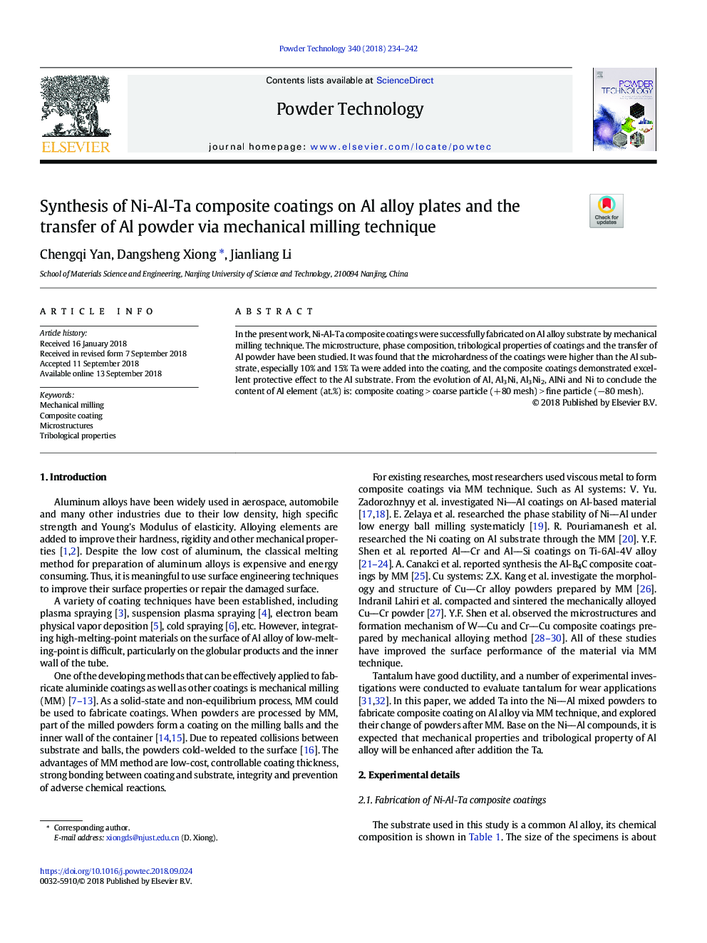 Synthesis of Ni-Al-Ta composite coatings on Al alloy plates and the transfer of Al powder via mechanical milling technique