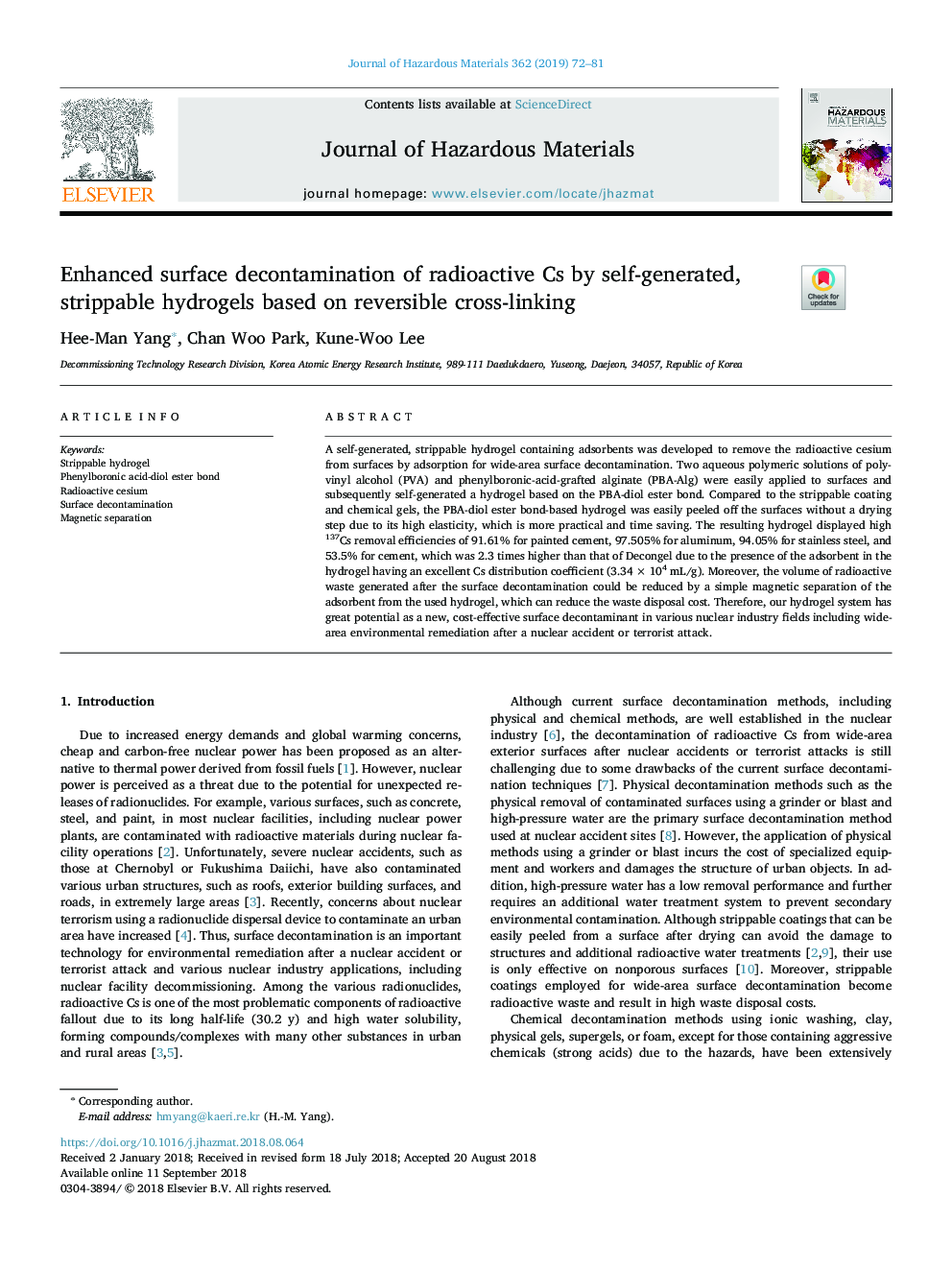 Enhanced surface decontamination of radioactive Cs by self-generated, strippable hydrogels based on reversible cross-linking