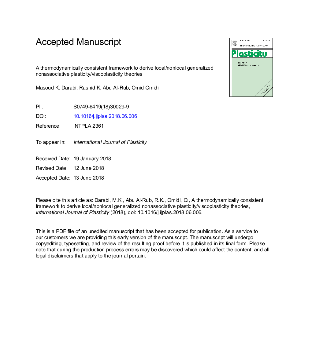 یک چارچوب ترمودینامیکی سازگار برای ترسیم تئوریهای پلاستیکی / غیرفعالسازی غیر وابسته به طور محلی / غیر موضعی