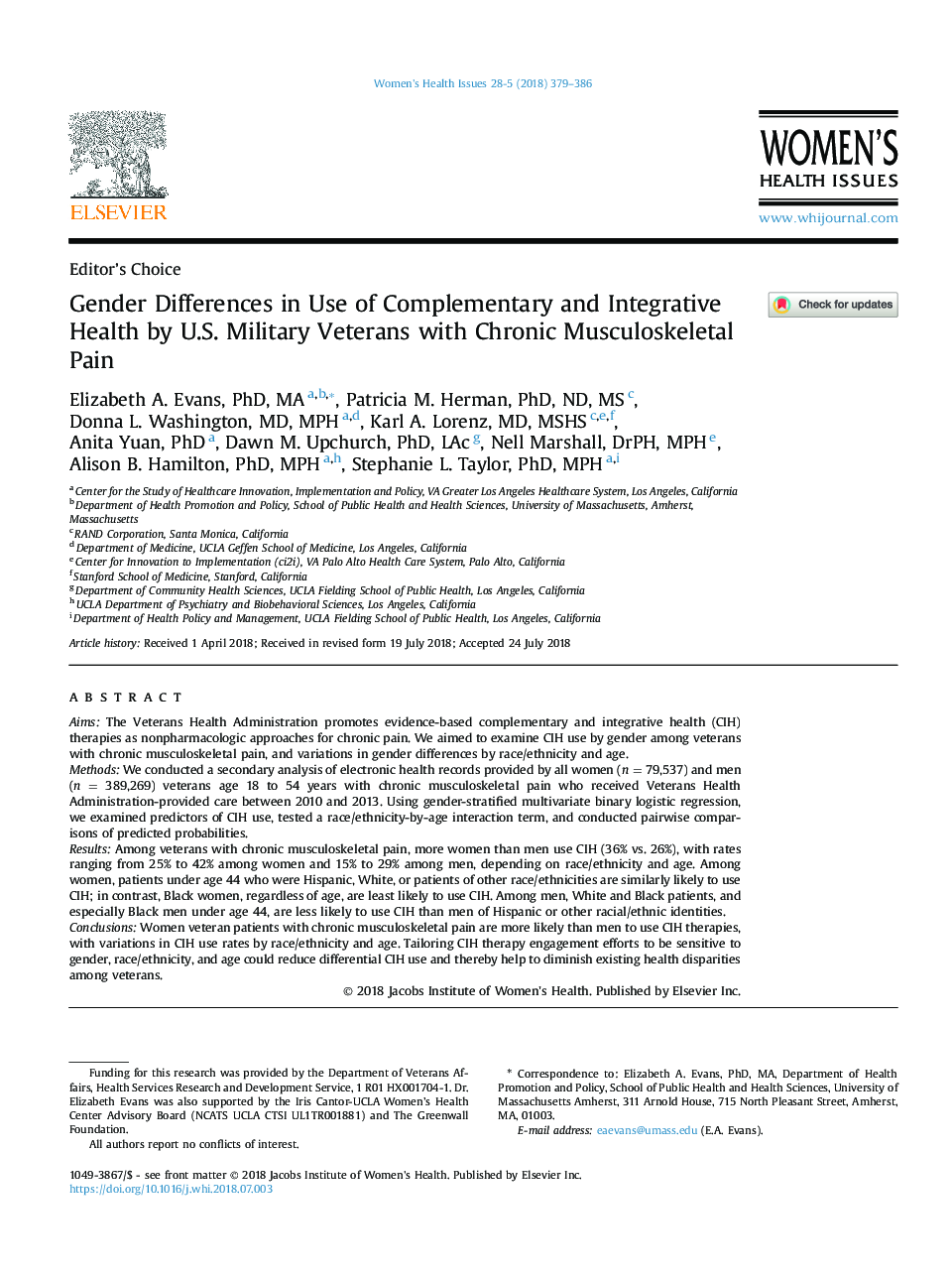 تفاوت های جنسیتی در استفاده از بهداشت مکمل و یکپارچه توسط جانبازان نظامی آمریکایی با درد مزمن اسکلتی عضلانی