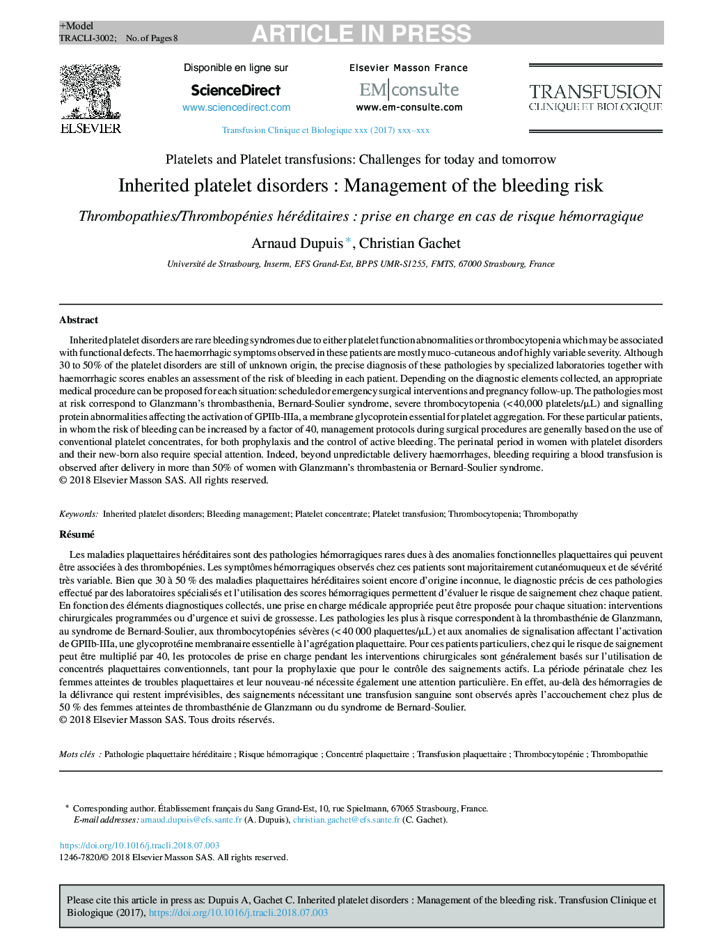 Inherited platelet disordersÂ : Management of the bleeding risk