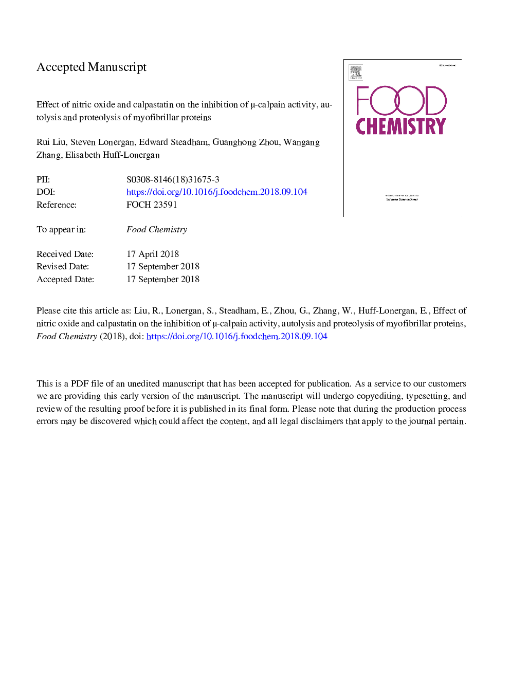 Effect of nitric oxide and calpastatin on the inhibition of Âµ-calpain activity, autolysis and proteolysis of myofibrillar proteins